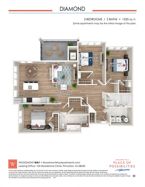 Floor plan for 3 beds, 2 baths, 1535 sqft